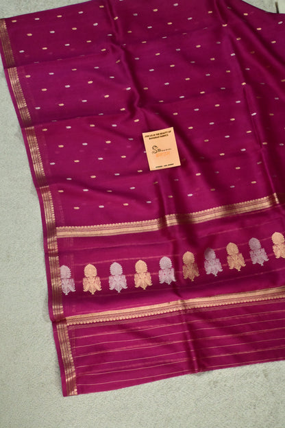 Handwoven Pure Kora Silk Saree in Magenta with Gold & Silver Zari Work