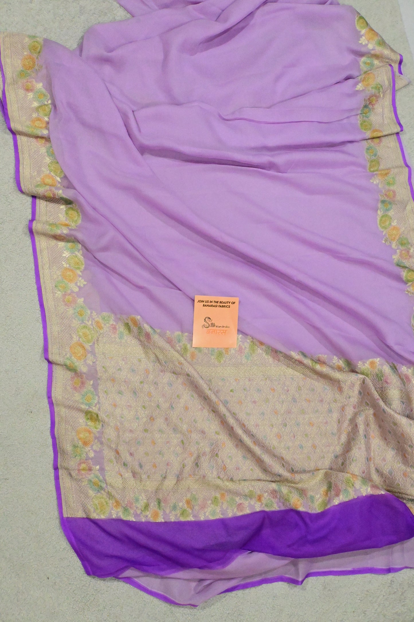 Handloom Pure Khaddi Georgette Banarasi Saree in Lavender with Platinum Zari & Meenakari