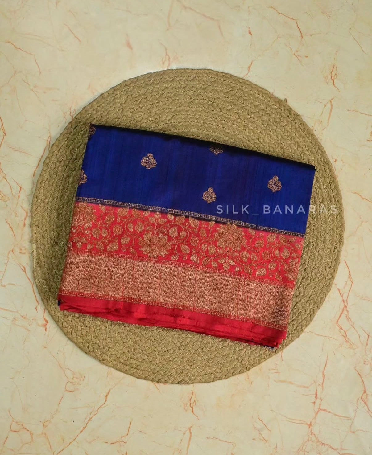 Royal Blue & Crimson Red Handloom Pure Raw Silk Banarasi Saree with Antique Zari
