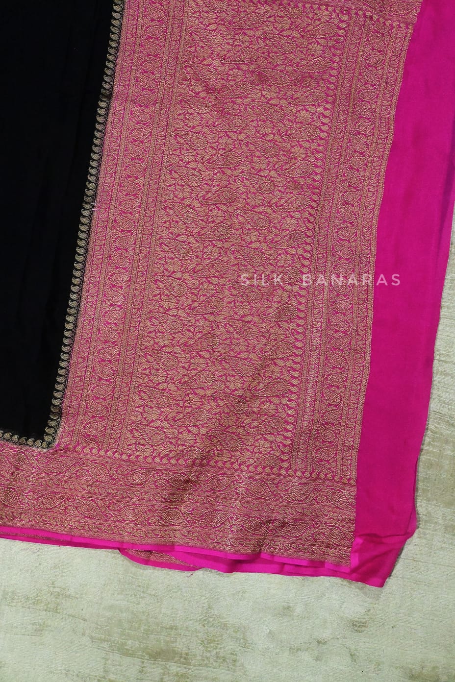Midnight Elegance – Pure Khaddi Georgette Banarasi Saree in Jet Black & Rani Pink