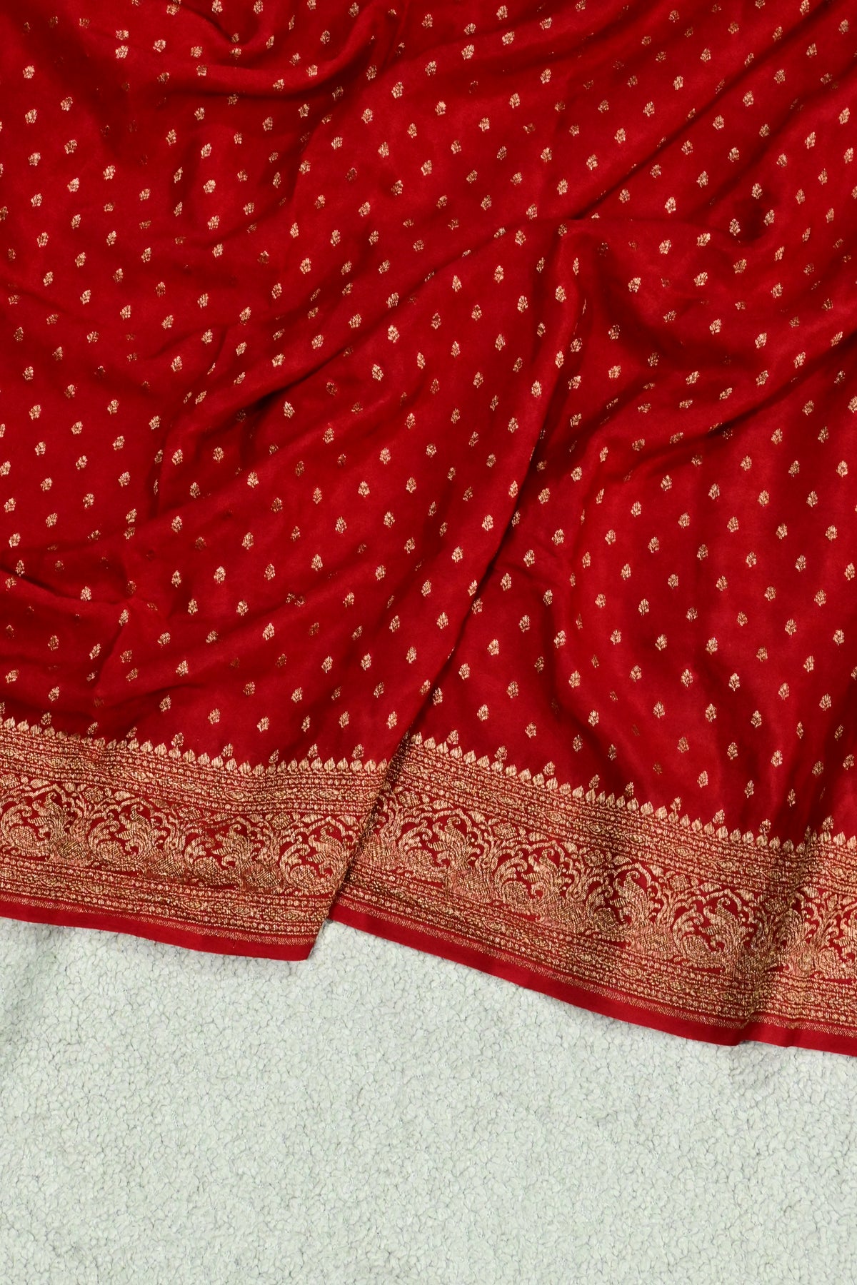 Handwoven Pure Crepe Banarasi Saree in Crimson Red with Antique Zari Weave