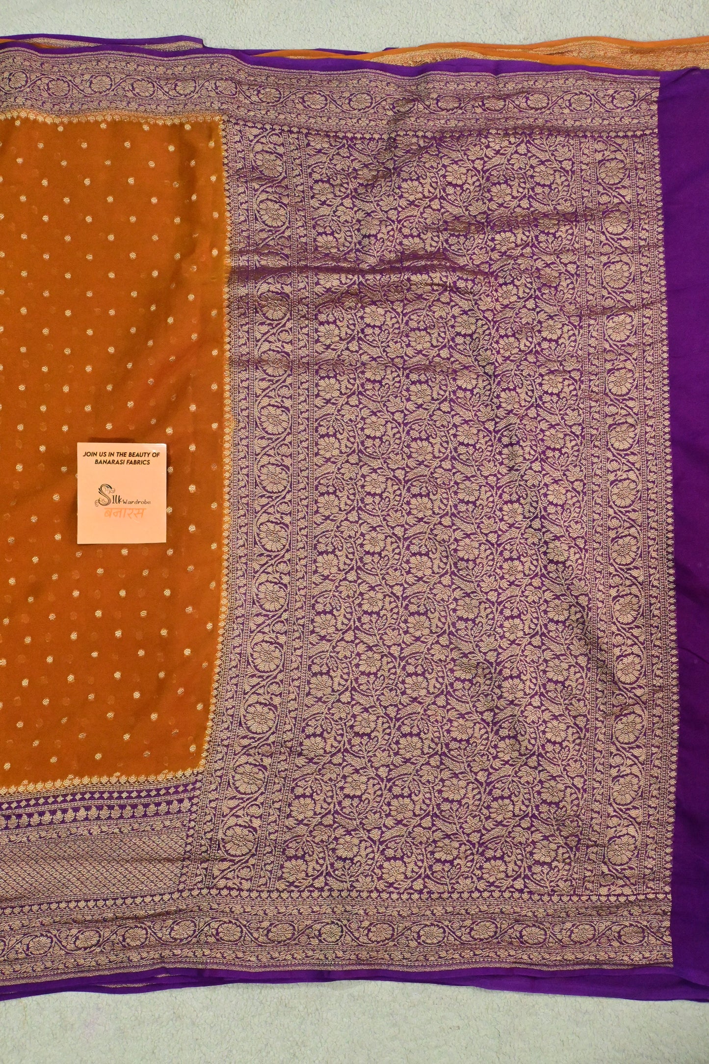 Rust & Royal Purple Handloom Khaddi Georgette Saree with Antique Zari weaving