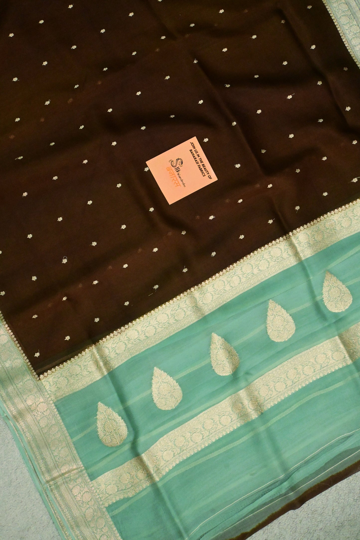 Chocolate Brown & Mint Green Handwoven Pure Kora Organza Silk Saree