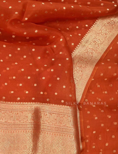 Rust Handloom Pure Kora Organza Banarasi Saree with Zari Buti