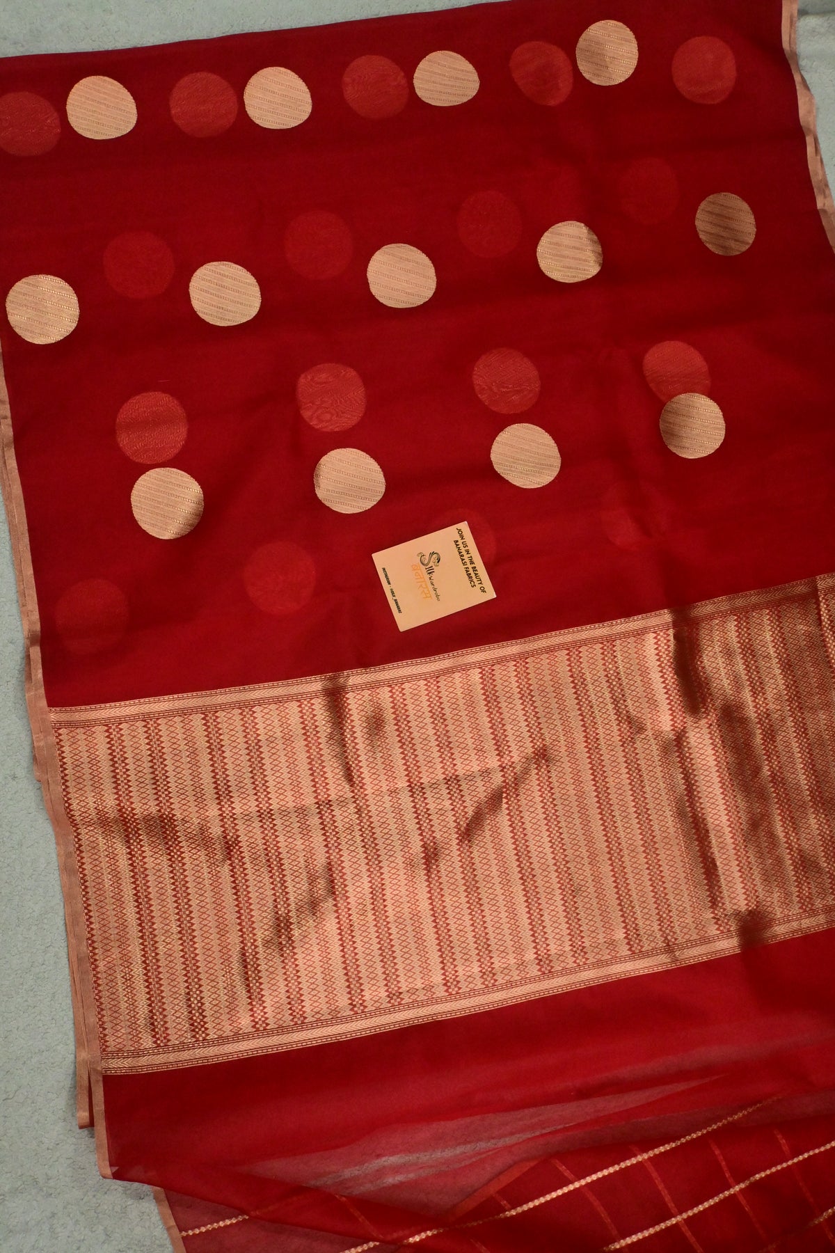 Handloom Pure Kora Silk Banarasi Saree in Red with Gold Zari Polka Dots