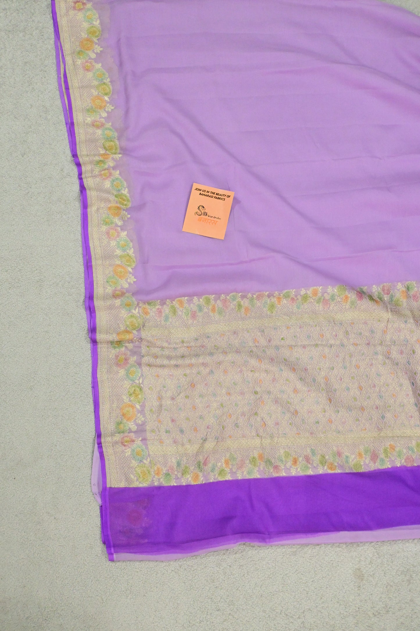Handloom Pure Khaddi Georgette Banarasi Saree in Lavender with Platinum Zari & Meenakari