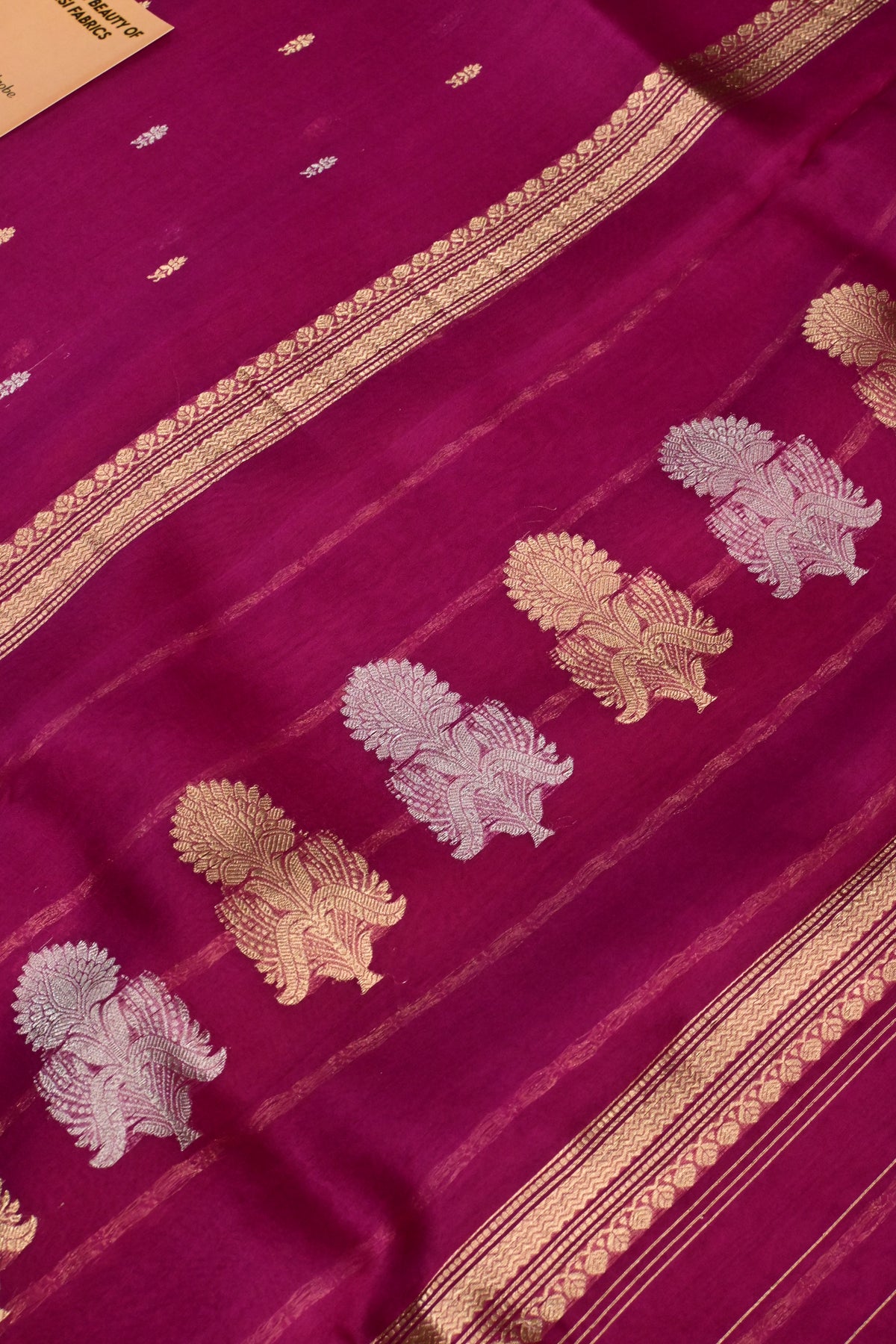 Handwoven Pure Kora Silk Saree in Magenta with Gold & Silver Zari Work