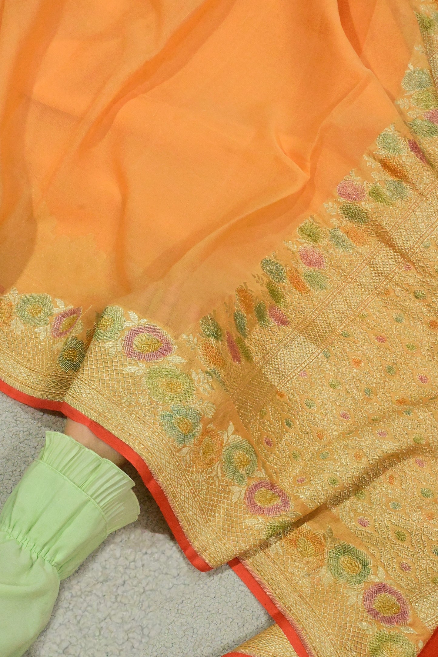 Handloom Pure Khaddi Georgette Saree in Platinum Zari & Hand-Brushed Meenakari Border