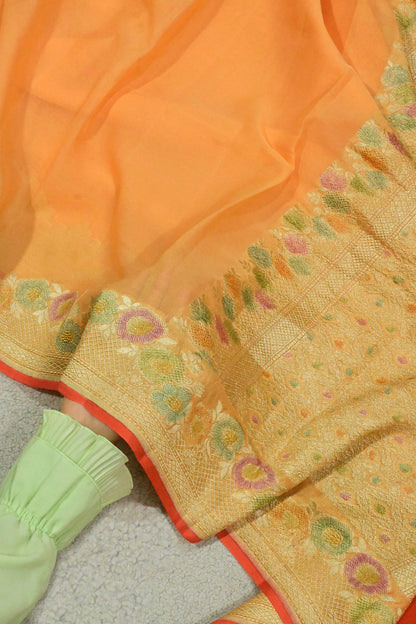 Handloom Pure Khaddi Georgette Saree in Platinum Zari & Hand-Brushed Meenakari Border