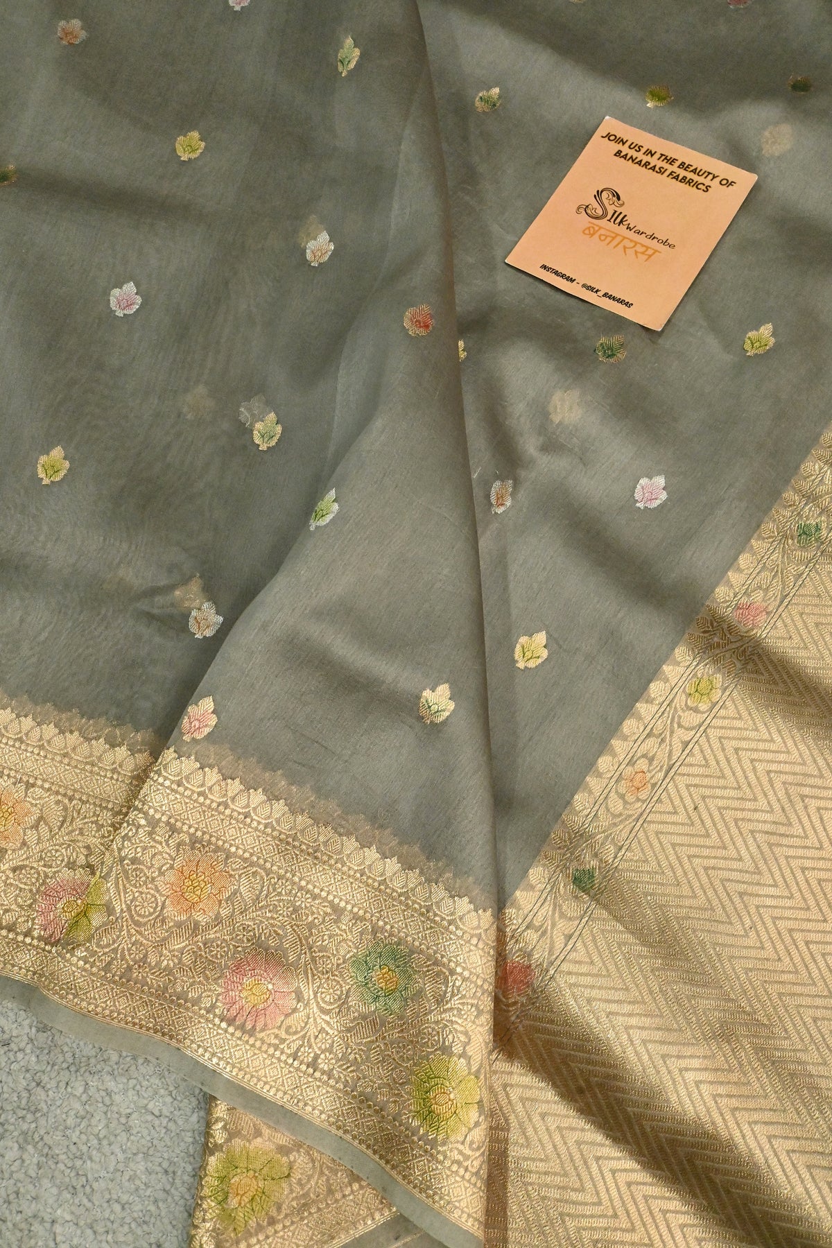 Handwoven Pure Kora Silk Saree with Gold Zari Weaving & Meenakari Brush Work – Slate Grey