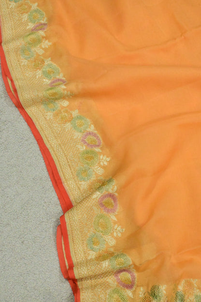 Handloom Pure Khaddi Georgette Saree in Platinum Zari & Hand-Brushed Meenakari Border