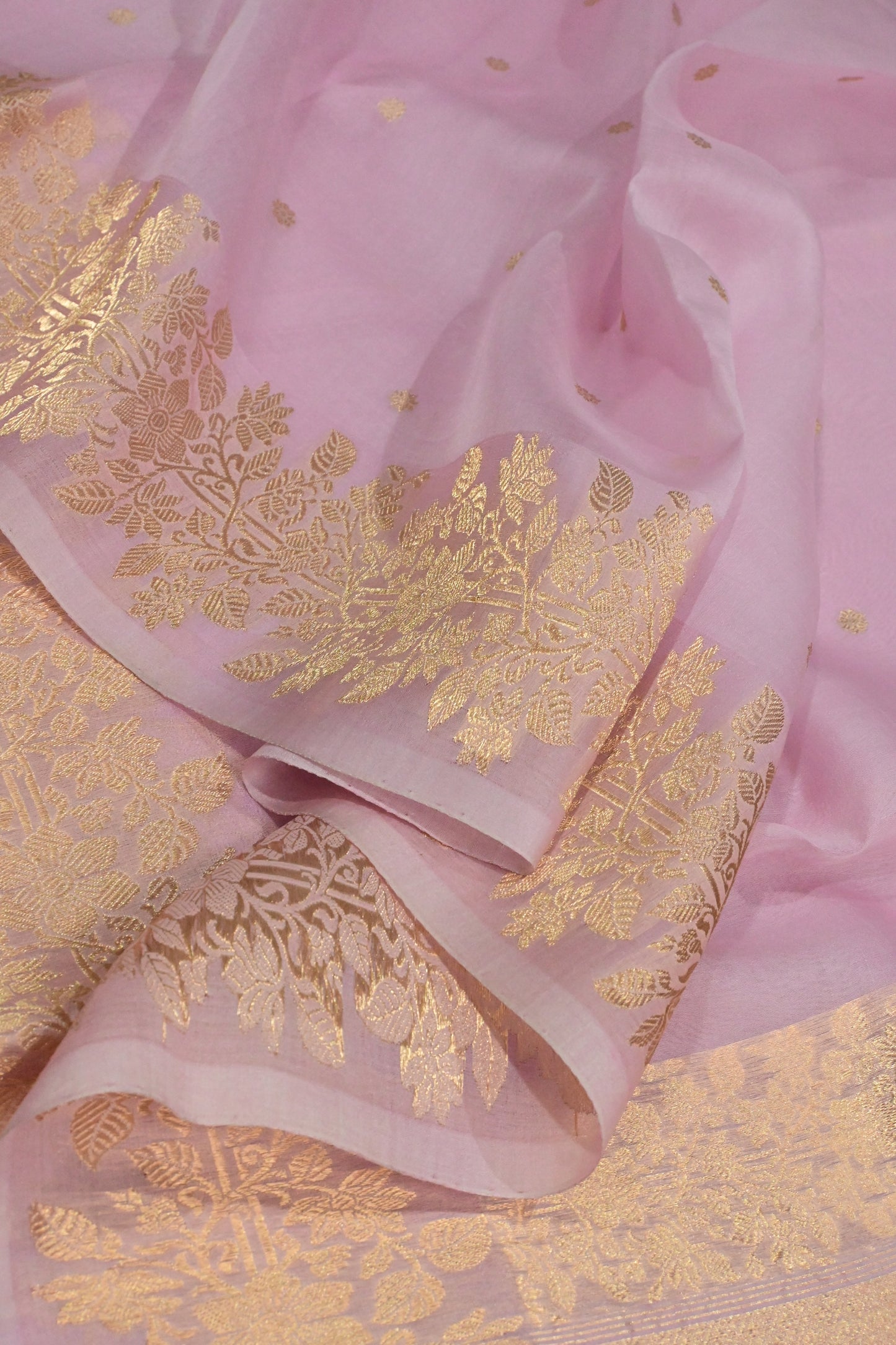 Pure Kora Silk Saree in Soft Pink with Gold Zari Work