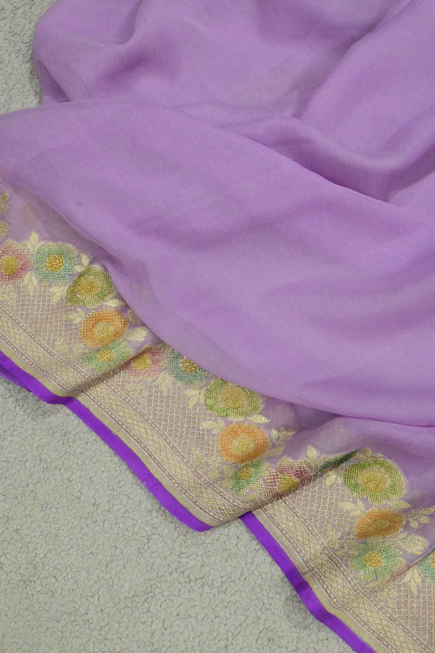 Handloom Pure Khaddi Georgette Banarasi Saree in Lavender with Platinum Zari & Meenakari