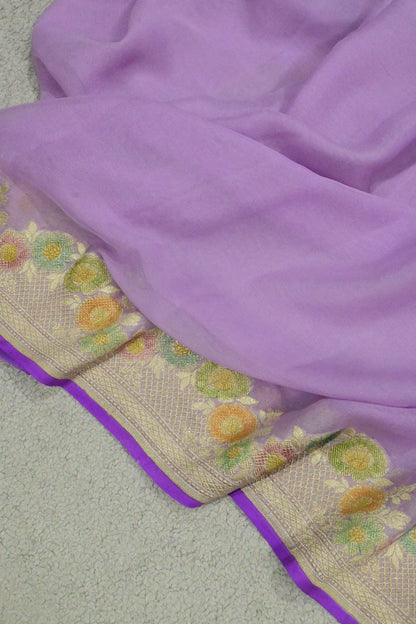 Handloom Pure Khaddi Georgette Banarasi Saree in Lavender with Platinum Zari & Meenakari