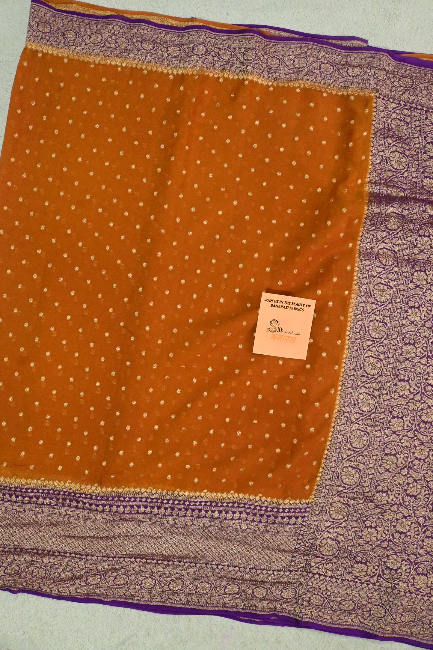 Rust & Royal Purple Handloom Khaddi Georgette Saree with Antique Zari weaving
