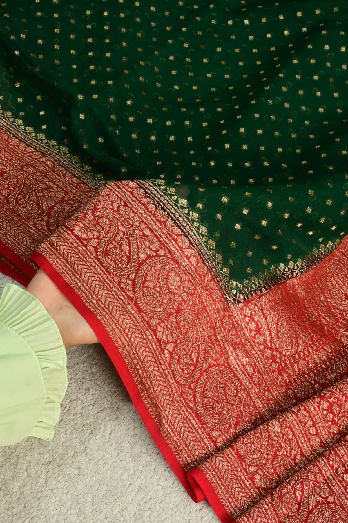 Emerald Green Pure Khaddi Georgette Saree with Antique Zari Konia & Paisley