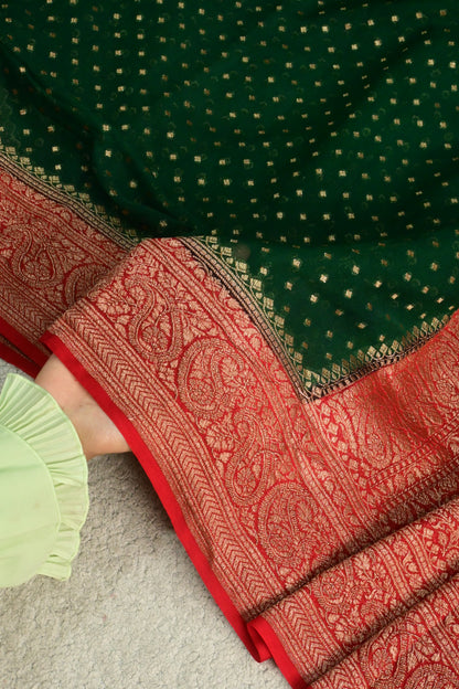 Emerald Green Pure Khaddi Georgette Saree with Antique Zari Konia & Paisley