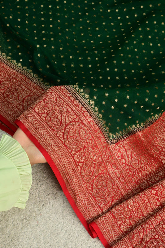 Emerald Green Pure Khaddi Georgette Saree with Antique Zari Konia & Paisley