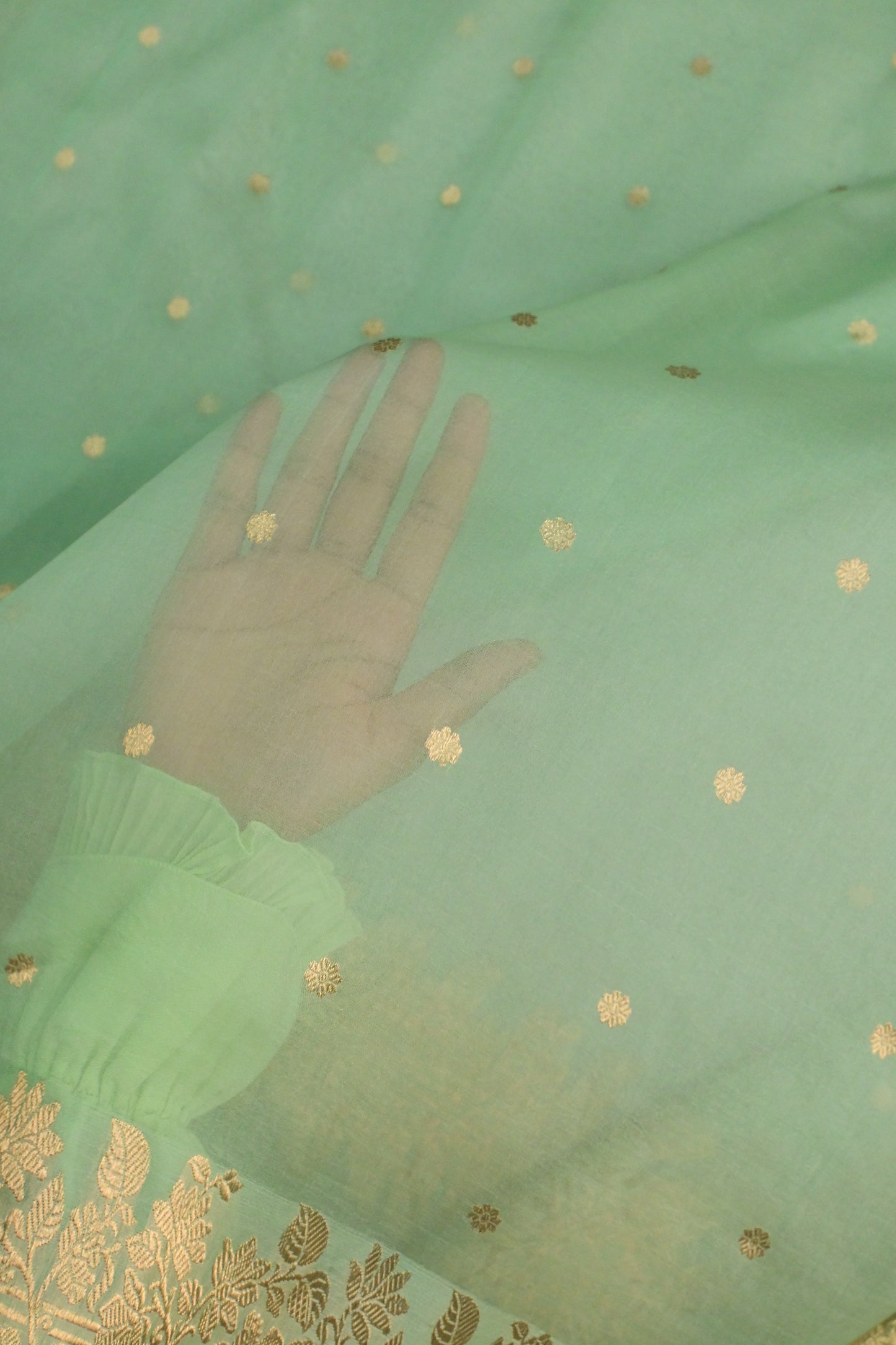 Pure Banarasi Kora Silk Saree in Pastel mint Green with Floral Zari Border