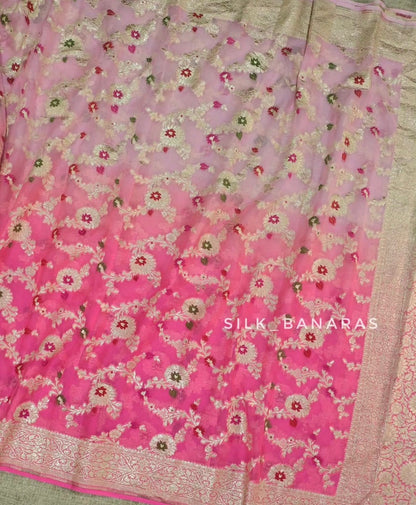 Handwoven Pure Khaddi Georgette Banarasi Saree in Ombre Pink with Zari Minakari Jaal Work