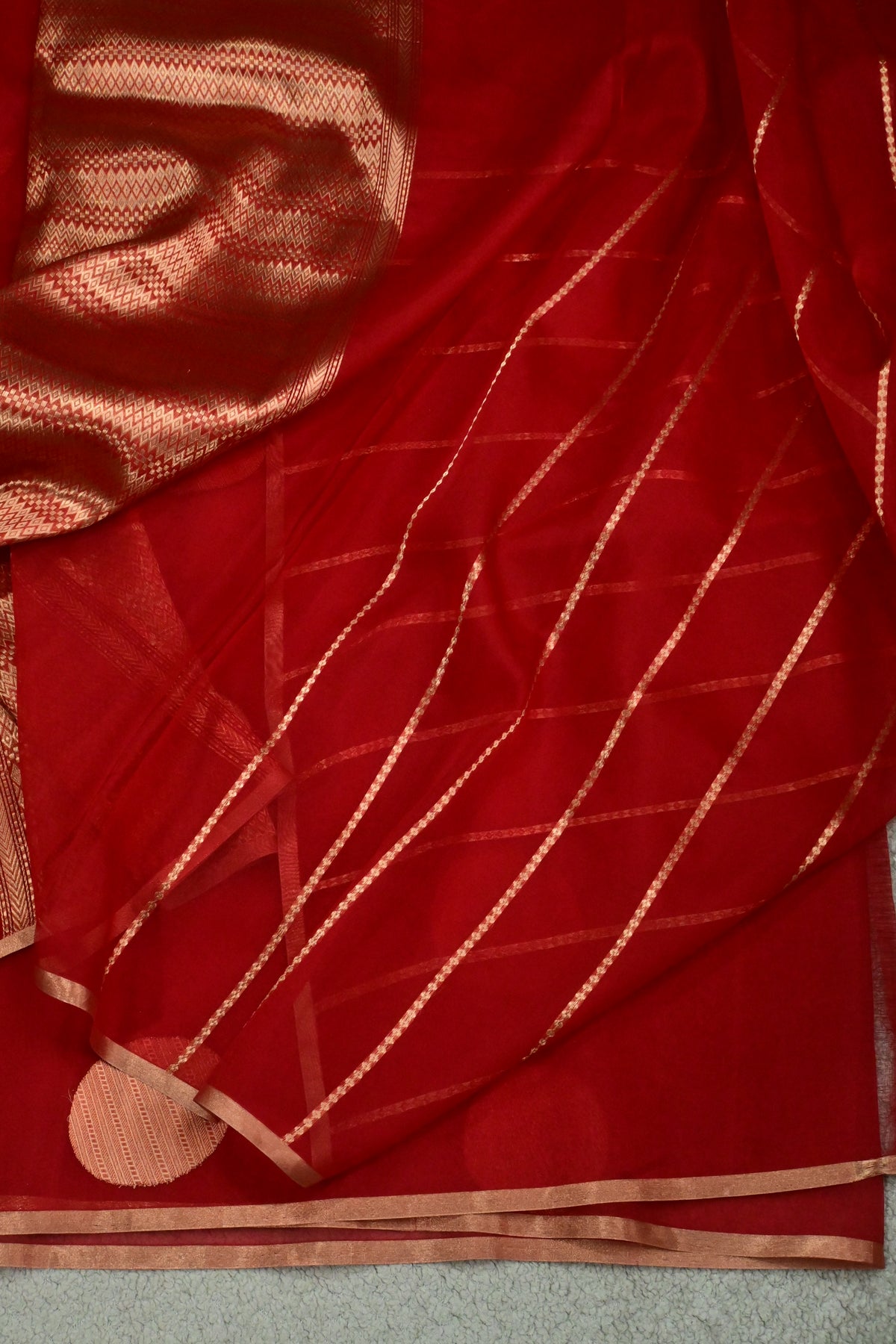 Handloom Pure Kora Silk Banarasi Saree in Red with Gold Zari Polka Dots