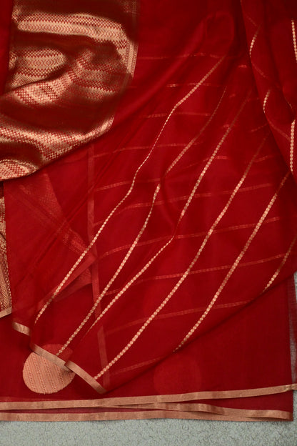 Handloom Pure Kora Silk Banarasi Saree in Red with Gold Zari Polka Dots