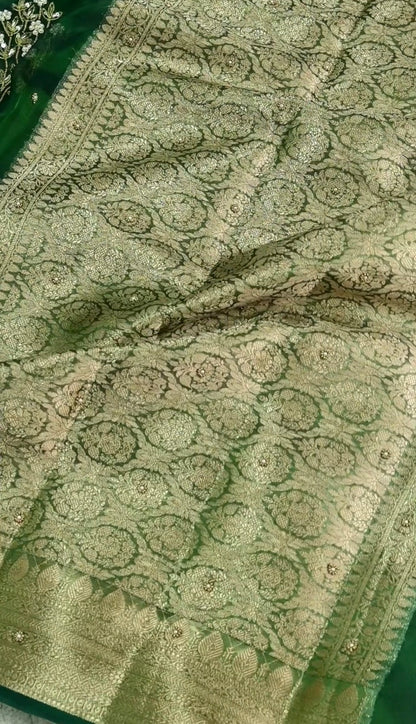Beautiful green handwoven pure tissue silk zardozi saree