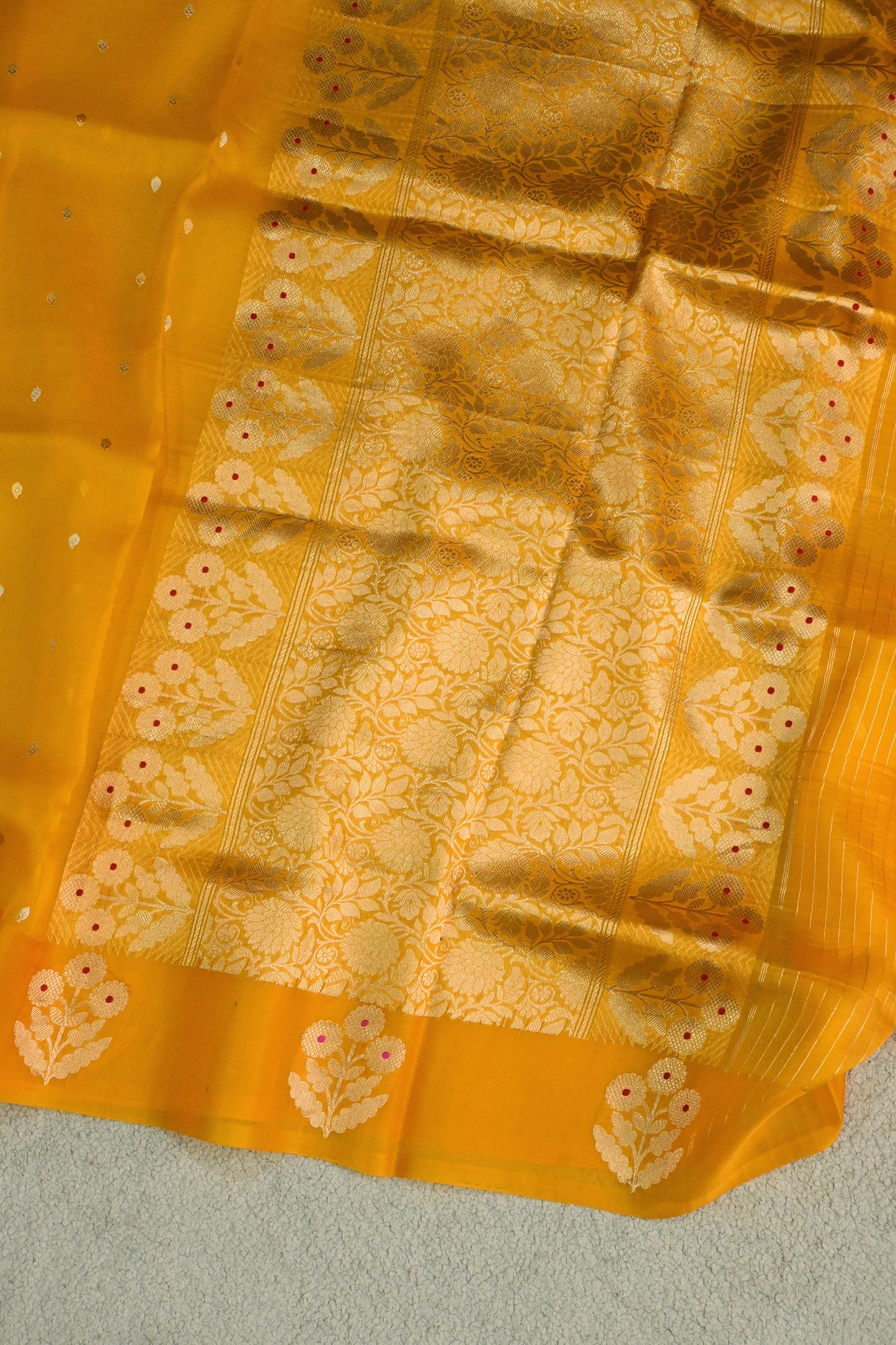 The yellow Mustard Guldasta Kora Organza Silk Saree