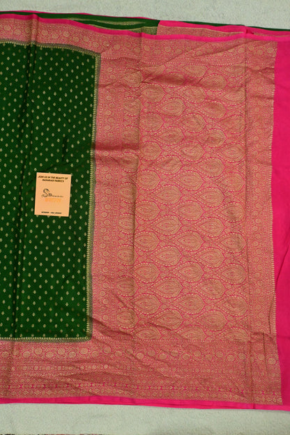 Handwoven Emerald Green & Rani Pink Pure Crepe Georgette Banarasi Saree with Antique Zari