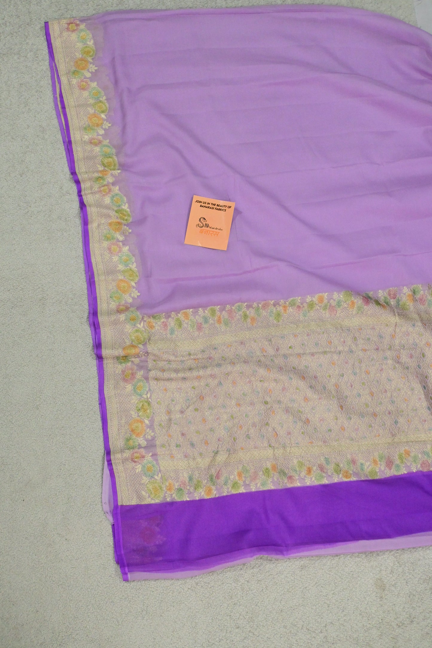 Handloom Pure Khaddi Georgette Banarasi Saree in Lavender with Platinum Zari & Meenakari