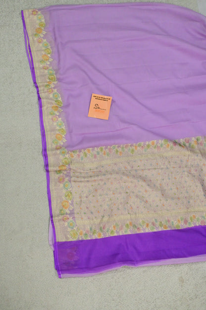 Handloom Pure Khaddi Georgette Banarasi Saree in Lavender with Platinum Zari & Meenakari