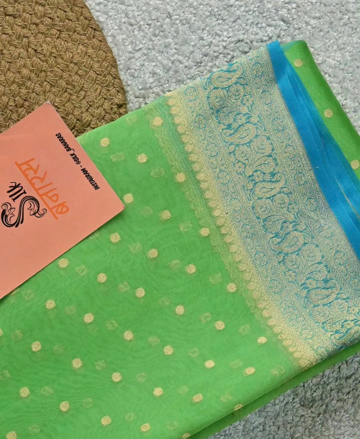 Pure Kora Organza Silk Saree – Bright Green & Aqua Blue