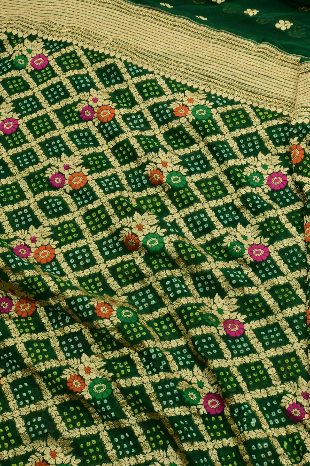 Handwoven Pure Khaddi Georgette Suit Set with Bandhani & Banarasi Minakari Dupatta – Emerald Green