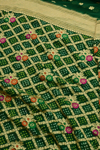 Handwoven Pure Khaddi Georgette Suit Set with Bandhani & Banarasi Minakari Dupatta – Emerald Green