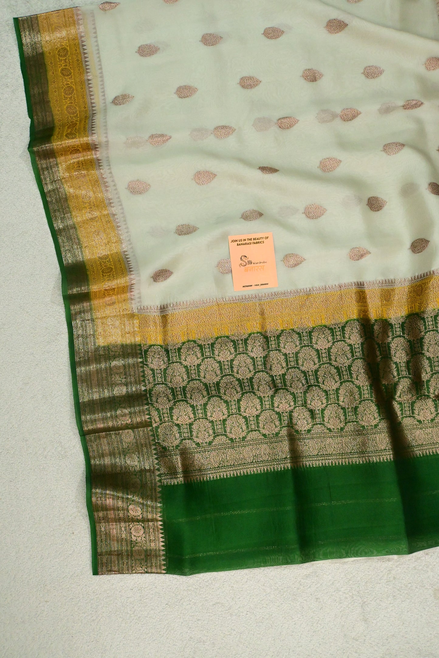 Classic Off-White Pure Organza Silk Saree with Golden-Green Antique Zari Borders