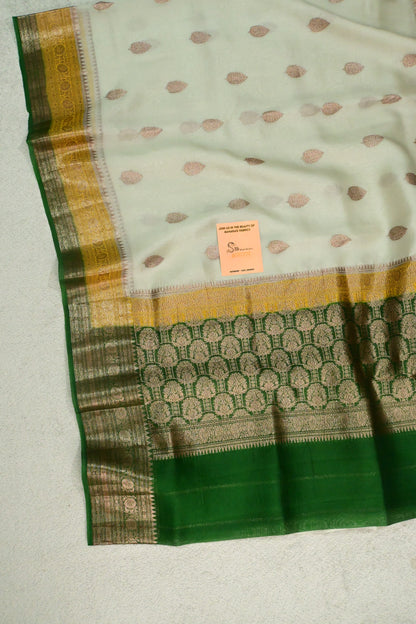 Classic Off-White Pure Organza Silk Saree with Golden-Green Antique Zari Borders