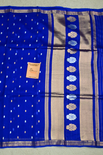Royal Blue Handwoven Pure Kora Silk Saree with Gold & Silver Zari Butta