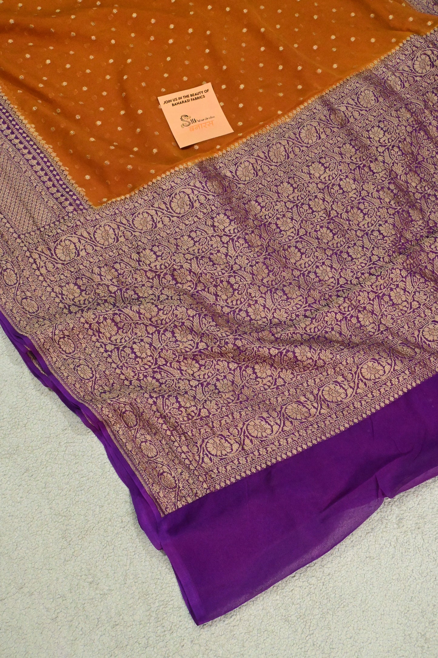 Rust & Royal Purple Handloom Khaddi Georgette Saree with Antique Zari weaving