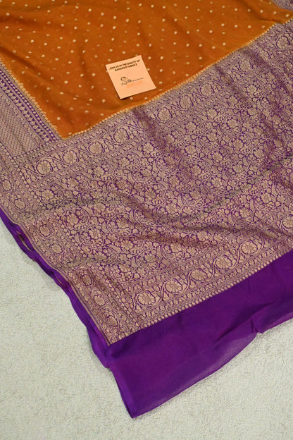 Rust & Royal Purple Handloom Khaddi Georgette Saree with Antique Zari weaving