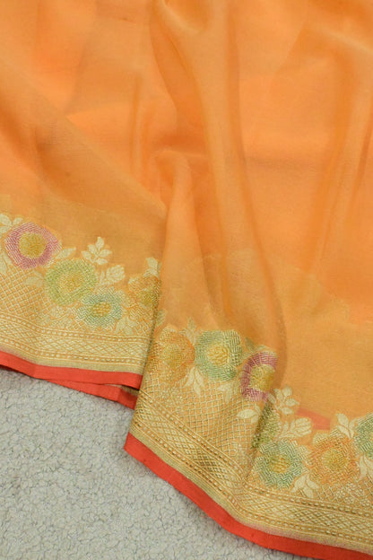 Handloom Pure Khaddi Georgette Saree in Platinum Zari & Hand-Brushed Meenakari Border