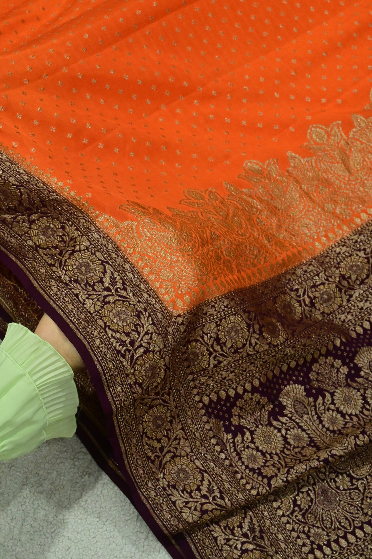 Handwoven Crepe Georgette Banarasi Saree in Tangerine Orange & Wine with Antique Zari