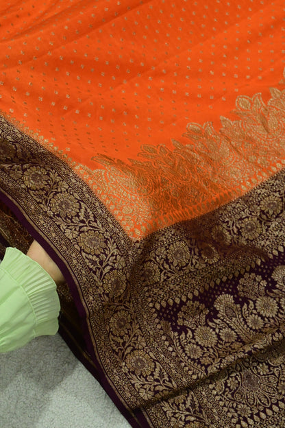 Handwoven Crepe Georgette Banarasi Saree in Tangerine Orange & Wine with Antique Zari