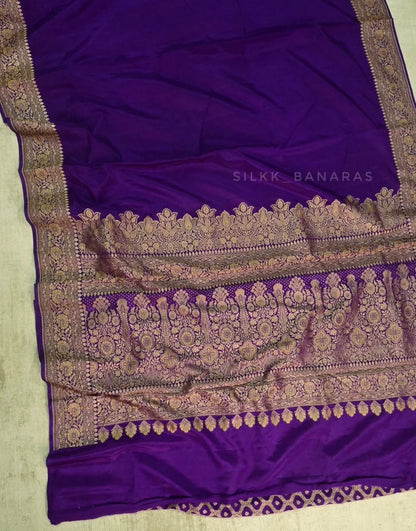 Deep Purple Handloom Pure Crepe Silk Banarasi Saree with Antique Gold Zari Weave