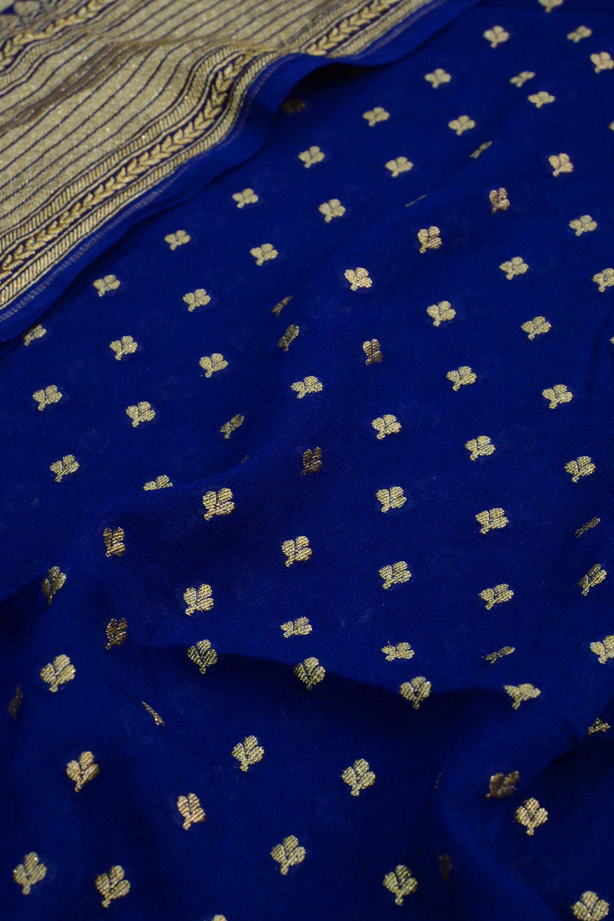 Royal Blue Handwoven Pure Khaddi Georgette Unstitched Suit Set with Bandhani & Meenakari Dupatta | Gold Zari Weaving