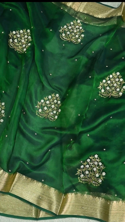 Beautiful green handwoven pure tissue silk zardozi saree