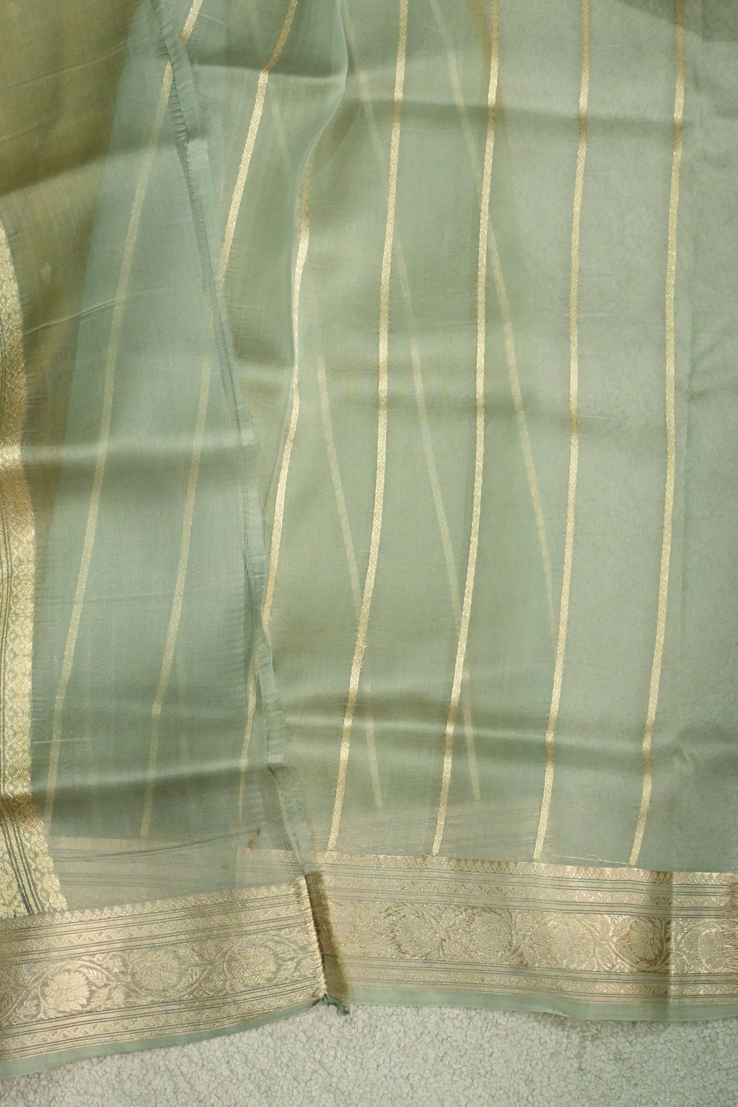 Pure Kora Organza Handloom Saree in Warm Mustard and Mint Green Border