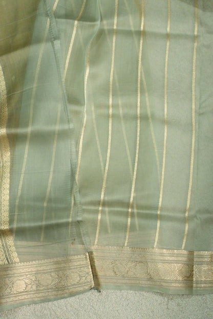 Pure Kora Organza Handloom Saree in Warm Mustard and Mint Green Border