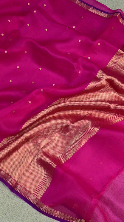 Pure Kora organza saree featuring delicate gold buttis and a contrast purple edge