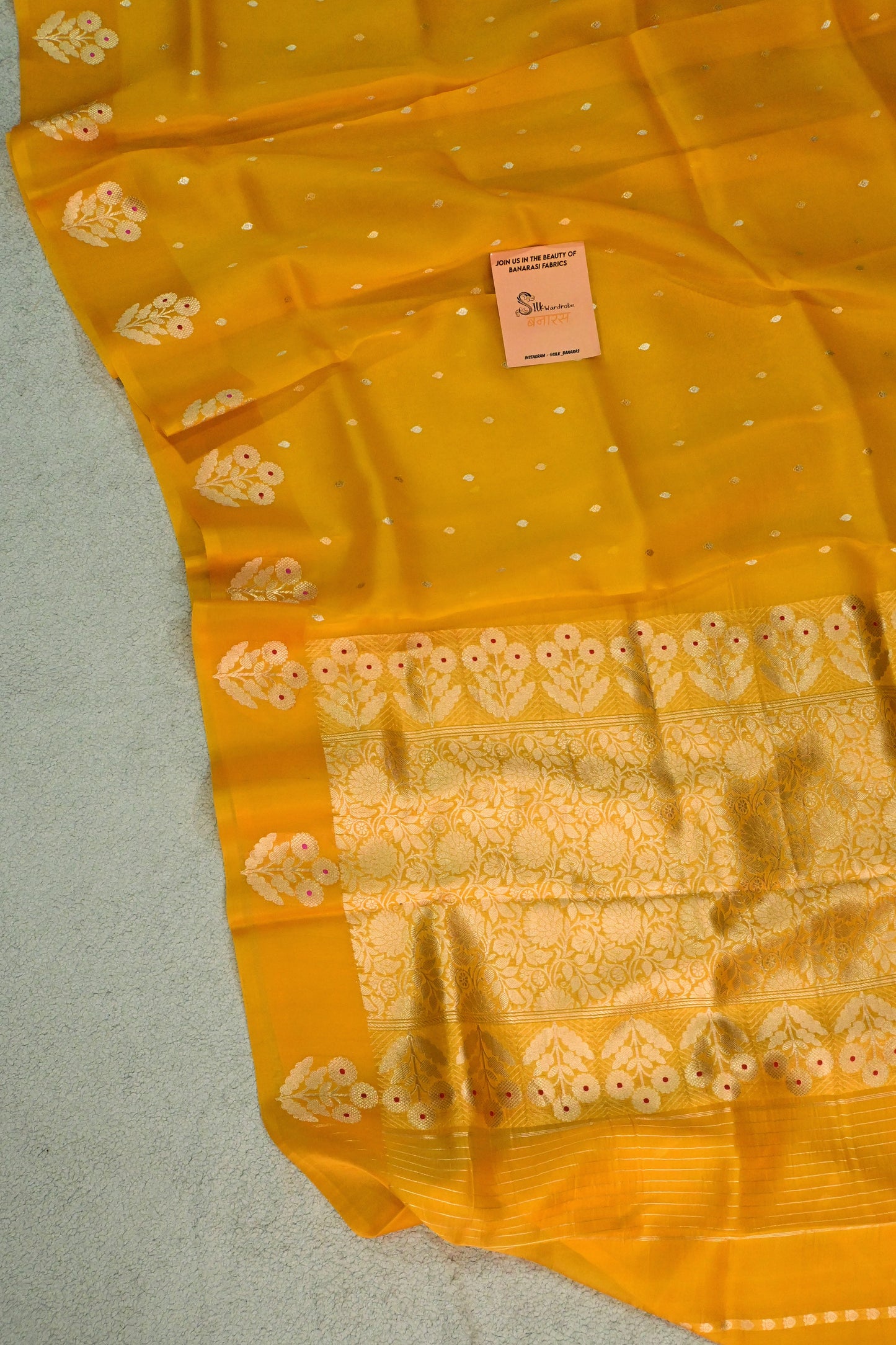 The yellow Mustard Guldasta Kora Organza Silk Saree