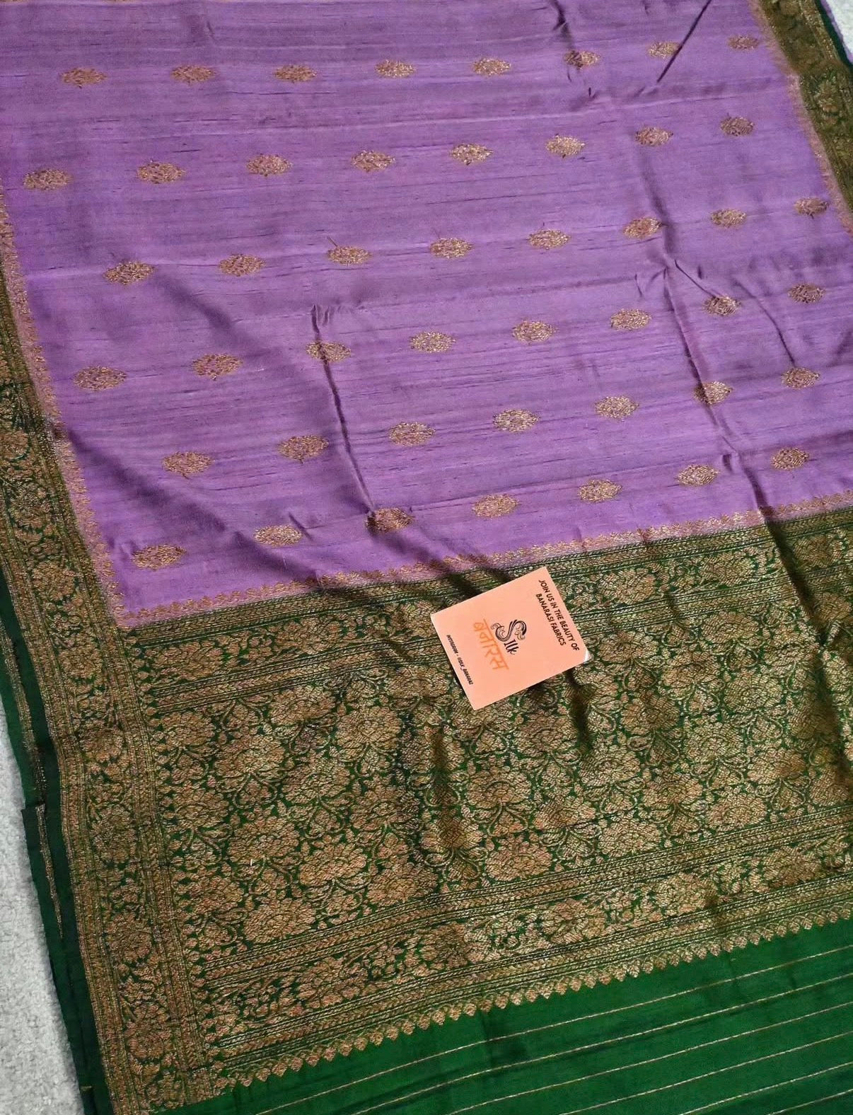 Handloom Pure Raw Silk Saree in Lavender with Emerald Green Antique Zari Border